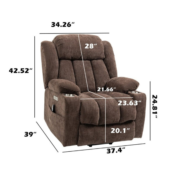 English Elm Up to 350 Lbs Chenille Power Lift Recliner with Massage Heat and Charging Ports Brown W1803S00107