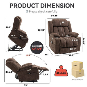 English Elm Up to 350 Lbs Chenille Power Lift Recliner with Massage Heat and Charging Ports Brown W1803S00107