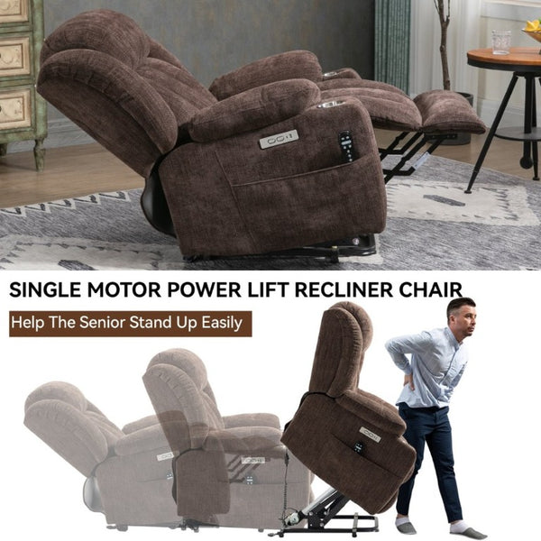 English Elm Up to 350 Lbs Chenille Power Lift Recliner with Massage Heat and Charging Ports Brown W1803S00107