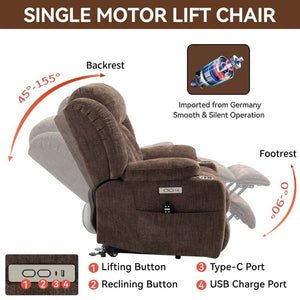 English Elm Up to 350 Lbs Chenille Power Lift Recliner with Massage Heat and Charging Ports Brown W1803S00107