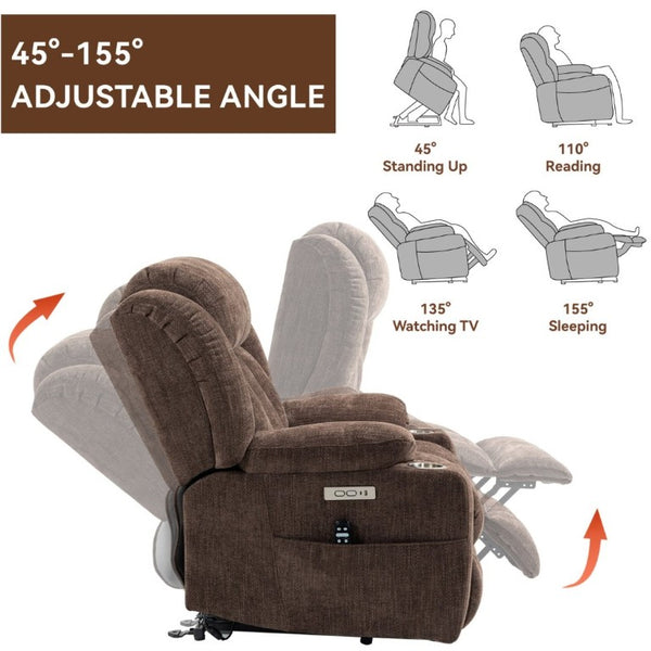 English Elm Up to 350 Lbs Chenille Power Lift Recliner with Massage Heat and Charging Ports Brown W1803S00107