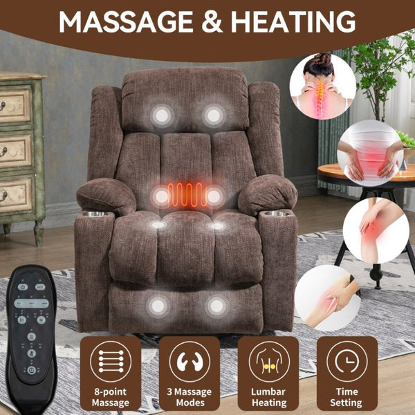 English Elm Up to 350 Lbs Chenille Power Lift Recliner with Massage Heat and Charging Ports Brown W1803S00107