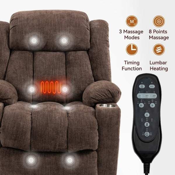 English Elm Up to 350 Lbs Chenille Power Lift Recliner with Massage Heat and Charging Ports Brown W1803S00107