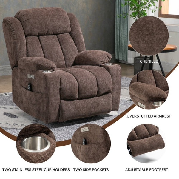English Elm Up to 350 Lbs Chenille Power Lift Recliner with Massage Heat and Charging Ports Brown W1803S00107
