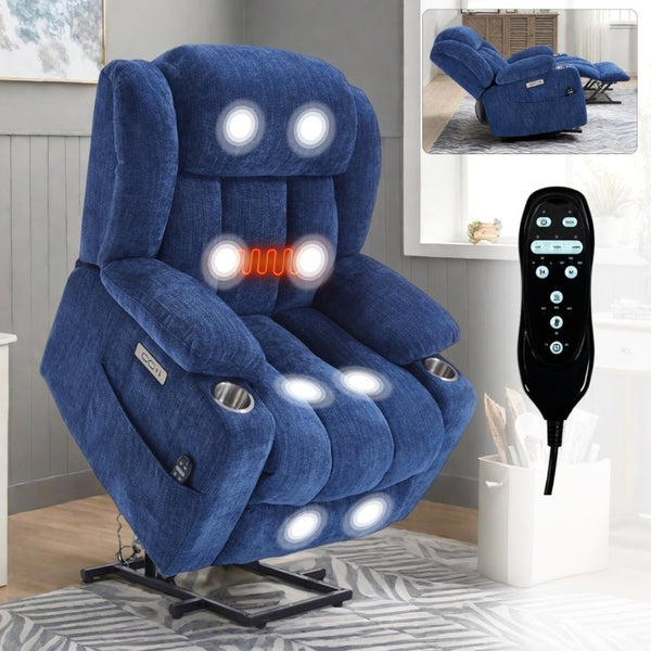 English Elm Up to 350 Lbs Chenille Power Lift Recliner with Massage Heat and Charging Ports Blue - B W1803S00108