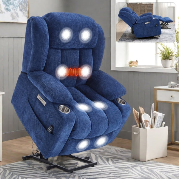 English Elm Up to 350 Lbs Chenille Power Lift Recliner with Massage Heat and Charging Ports Blue - B W1803S00108