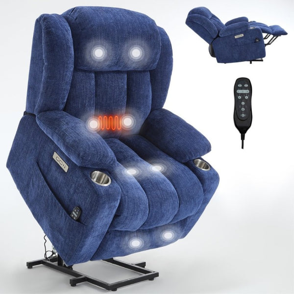 English Elm Up to 350 Lbs Chenille Power Lift Recliner with Massage Heat and Charging Ports Blue - B W1803S00108