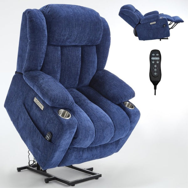English Elm Up to 350 Lbs Chenille Power Lift Recliner with Massage Heat and Charging Ports Blue - B W1803S00108