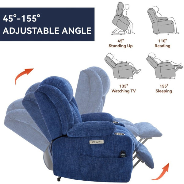 English Elm Up to 350 Lbs Chenille Power Lift Recliner with Massage Heat and Charging Ports Blue - B W1803S00108