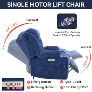 English Elm Up to 350 Lbs Chenille Power Lift Recliner with Massage Heat and Charging Ports Blue - B W1803S00108