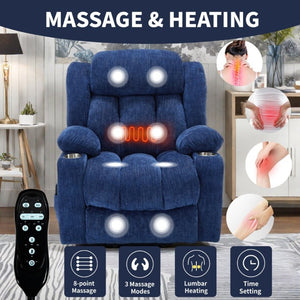 English Elm Up to 350 Lbs Chenille Power Lift Recliner with Massage Heat and Charging Ports Blue - B W1803S00108