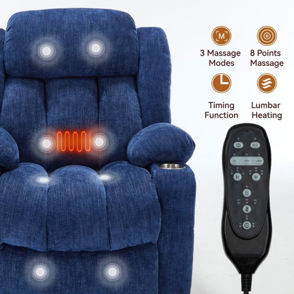 English Elm Up to 350 Lbs Chenille Power Lift Recliner with Massage Heat and Charging Ports Blue - B W1803S00108