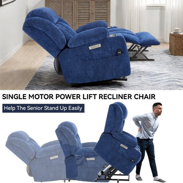 English Elm Up to 350 Lbs Chenille Power Lift Recliner with Massage Heat and Charging Ports Blue - B W1803S00108