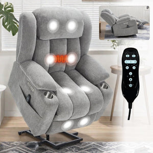 English Elm Up to 350 Lbs Chenille Power Lift Recliner with Massage Heat and Charging Ports Light Grey W1803S00109