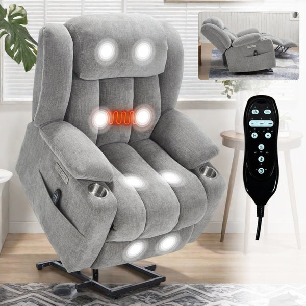 English Elm Up to 350 Lbs Chenille Power Lift Recliner with Massage Heat and Charging Ports Light Grey W1803S00109