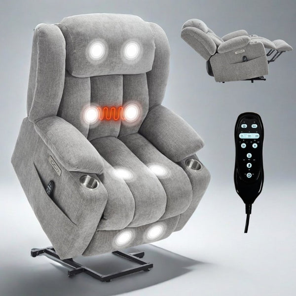 English Elm Up to 350 Lbs Chenille Power Lift Recliner with Massage Heat and Charging Ports Light Grey W1803S00109