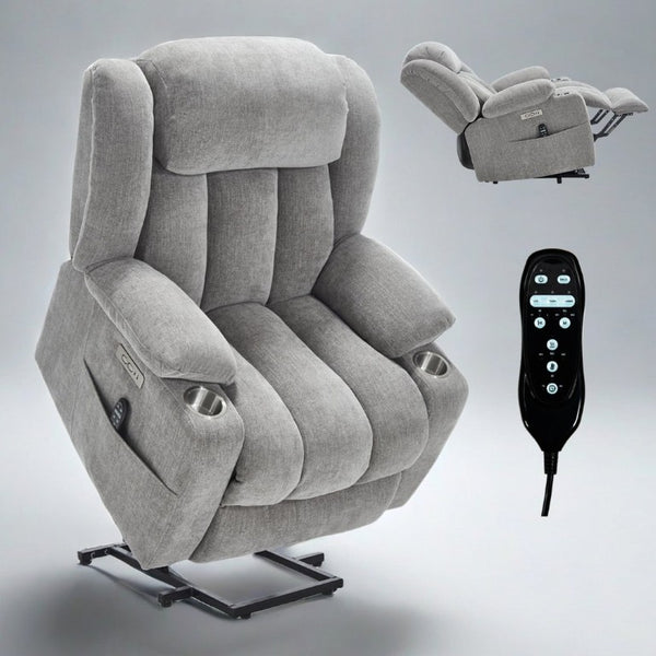 English Elm Up to 350 Lbs Chenille Power Lift Recliner with Massage Heat and Charging Ports Light Grey W1803S00109