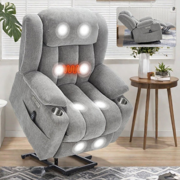 English Elm Up to 350 Lbs Chenille Power Lift Recliner with Massage Heat and Charging Ports Light Grey W1803S00109