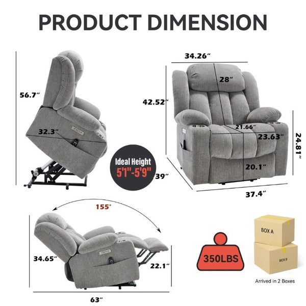English Elm Up to 350 Lbs Chenille Power Lift Recliner with Massage Heat and Charging Ports Light Grey W1803S00109