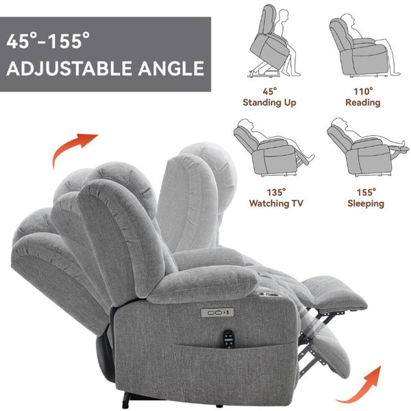 English Elm Up to 350 Lbs Chenille Power Lift Recliner with Massage Heat and Charging Ports Light Grey W1803S00109