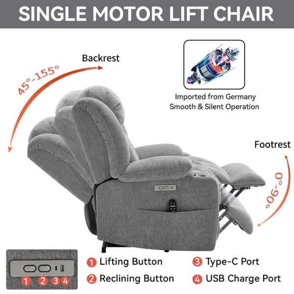 English Elm Up to 350 Lbs Chenille Power Lift Recliner with Massage Heat and Charging Ports Light Grey W1803S00109