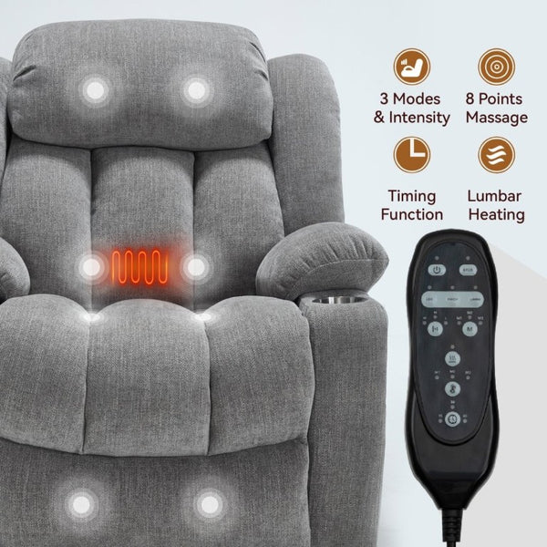 English Elm Up to 350 Lbs Chenille Power Lift Recliner with Massage Heat and Charging Ports Light Grey W1803S00109