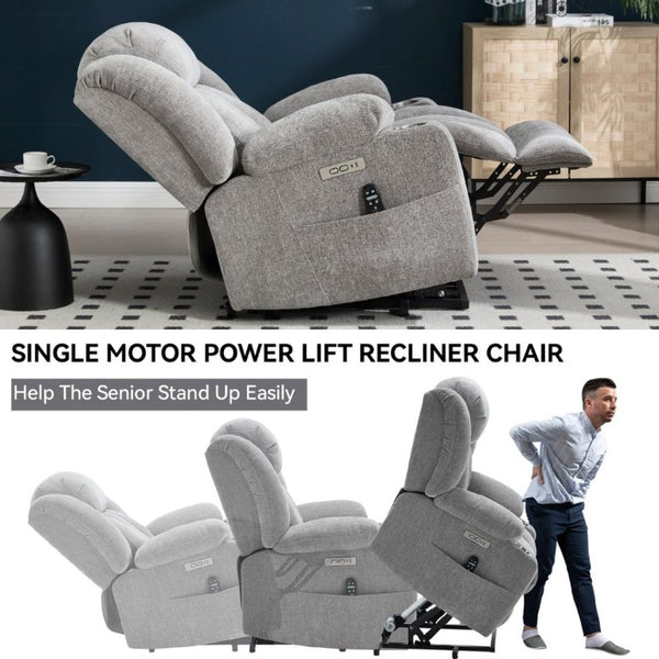 English Elm Up to 350 Lbs Chenille Power Lift Recliner with Massage Heat and Charging Ports Light Grey W1803S00109