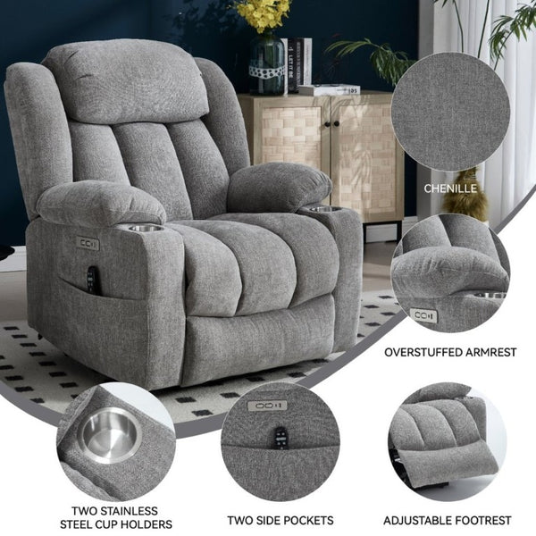 English Elm Up to 350 Lbs Chenille Power Lift Recliner with Massage Heat and Charging Ports Light Grey W1803S00109
