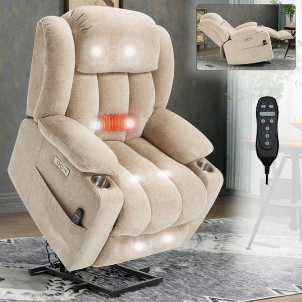 English Elm Up to 350 Lbs Chenille Power Lift Recliner with Massage Heat and Charging Ports Beige W1803S00110