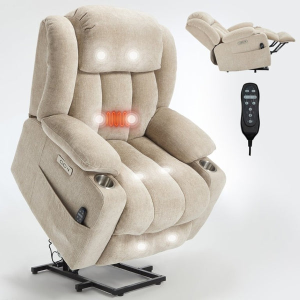 English Elm Up to 350 Lbs Chenille Power Lift Recliner with Massage Heat and Charging Ports Beige W1803S00110