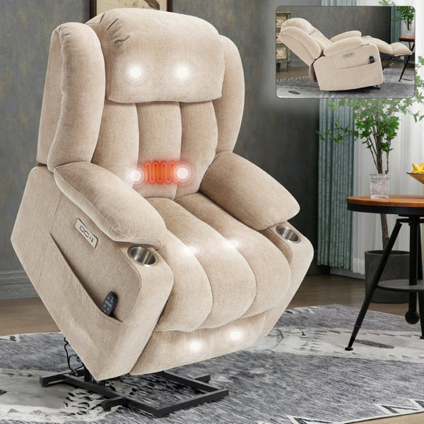 English Elm Up to 350 Lbs Chenille Power Lift Recliner with Massage Heat and Charging Ports Beige W1803S00110