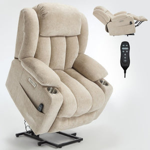 English Elm Up to 350 Lbs Chenille Power Lift Recliner with Massage Heat and Charging Ports Beige W1803S00110