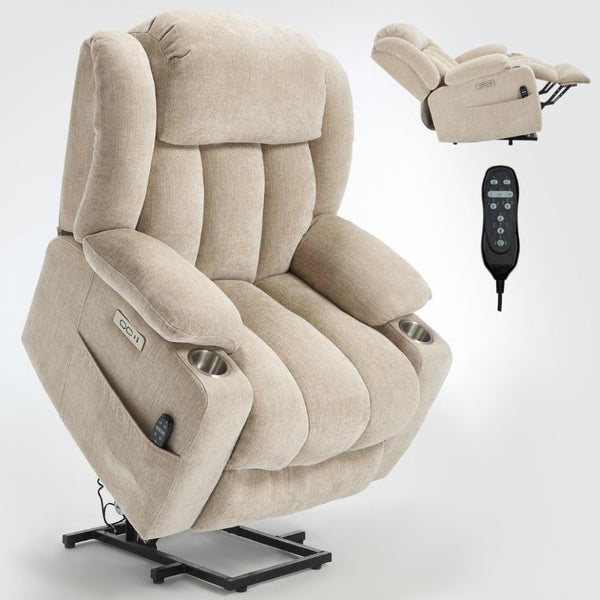 English Elm Up to 350 Lbs Chenille Power Lift Recliner with Massage Heat and Charging Ports Beige W1803S00110