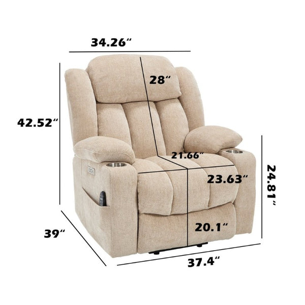 English Elm Up to 350 Lbs Chenille Power Lift Recliner with Massage Heat and Charging Ports Beige W1803S00110