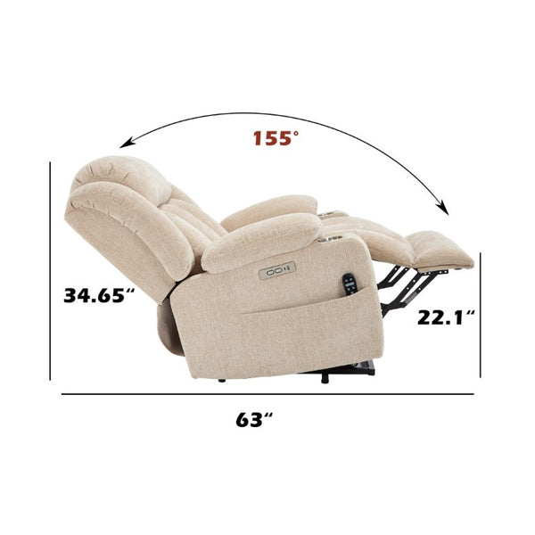 English Elm Up to 350 Lbs Chenille Power Lift Recliner with Massage Heat and Charging Ports Beige W1803S00110