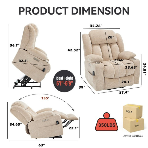 English Elm Up to 350 Lbs Chenille Power Lift Recliner with Massage Heat and Charging Ports Beige W1803S00110