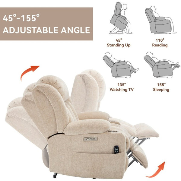 English Elm Up to 350 Lbs Chenille Power Lift Recliner with Massage Heat and Charging Ports Beige W1803S00110