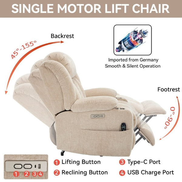 English Elm Up to 350 Lbs Chenille Power Lift Recliner with Massage Heat and Charging Ports Beige W1803S00110