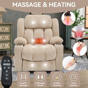 English Elm Up to 350 Lbs Chenille Power Lift Recliner with Massage Heat and Charging Ports Beige W1803S00110