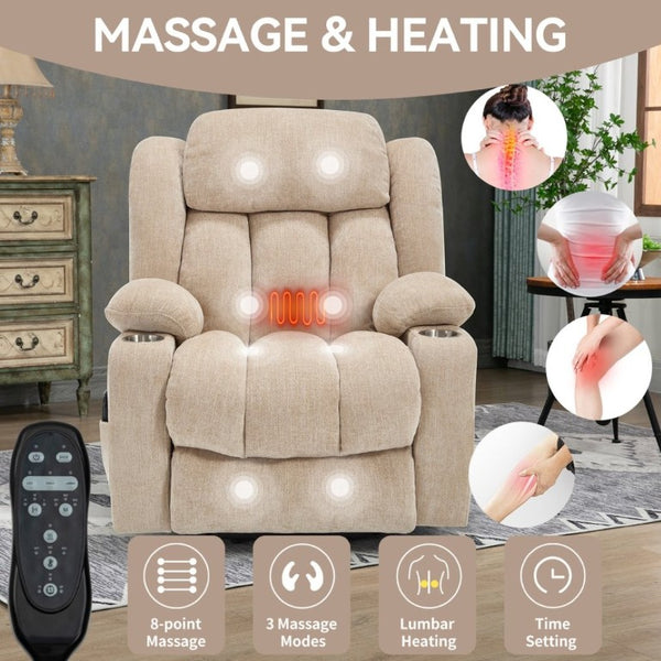 English Elm Up to 350 Lbs Chenille Power Lift Recliner with Massage Heat and Charging Ports Beige W1803S00110