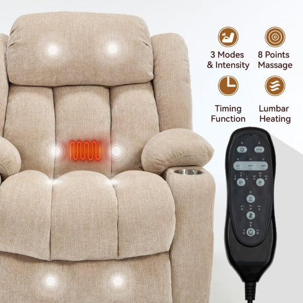 English Elm Up to 350 Lbs Chenille Power Lift Recliner with Massage Heat and Charging Ports Beige W1803S00110