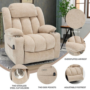 English Elm Up to 350 Lbs Chenille Power Lift Recliner with Massage Heat and Charging Ports Beige W1803S00110