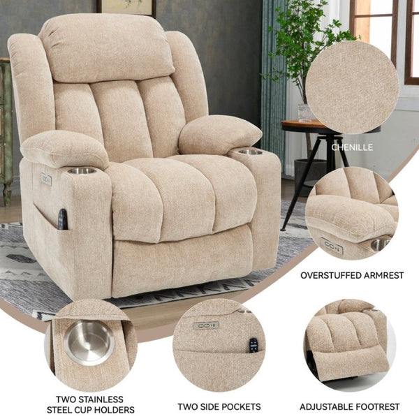 English Elm Up to 350 Lbs Chenille Power Lift Recliner with Massage Heat and Charging Ports Beige W1803S00110