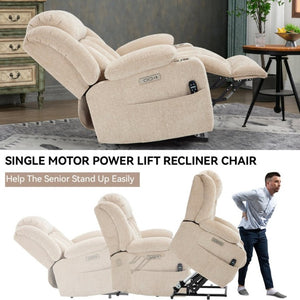 English Elm Up to 350 Lbs Chenille Power Lift Recliner with Massage Heat and Charging Ports Beige W1803S00110
