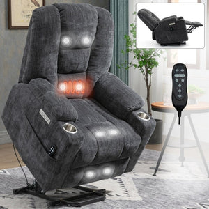 English Elm Large Power Lift Recliner Chenille Chair with Massage Heat and USB Charging Ports Grey W1803S00111