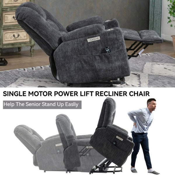 English Elm Large Power Lift Recliner Chenille Chair with Massage Heat and USB Charging Ports Grey W1803S00111