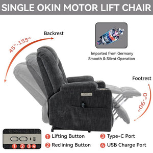 English Elm Large Power Lift Recliner Chenille Chair with Massage Heat and USB Charging Ports Grey W1803S00111