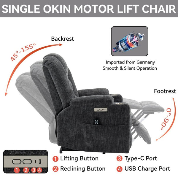 English Elm Large Power Lift Recliner Chenille Chair with Massage Heat and USB Charging Ports Grey W1803S00111