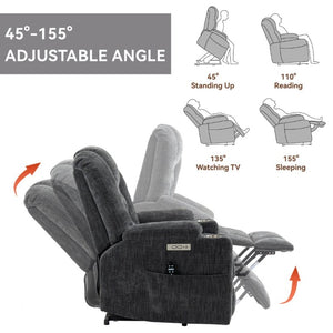 English Elm Large Power Lift Recliner Chenille Chair with Massage Heat and USB Charging Ports Grey W1803S00111