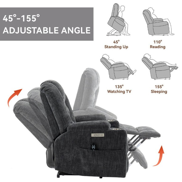 English Elm Large Power Lift Recliner Chenille Chair with Massage Heat and USB Charging Ports Grey W1803S00111